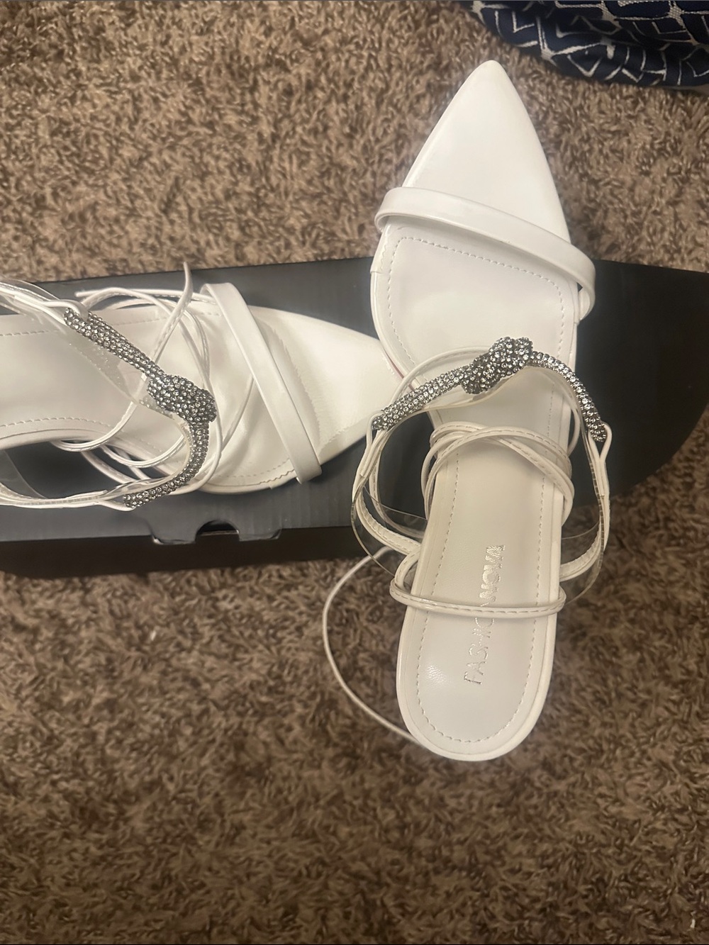 Fashion Nova White Pointed Toe Rhinestone Strap Heels